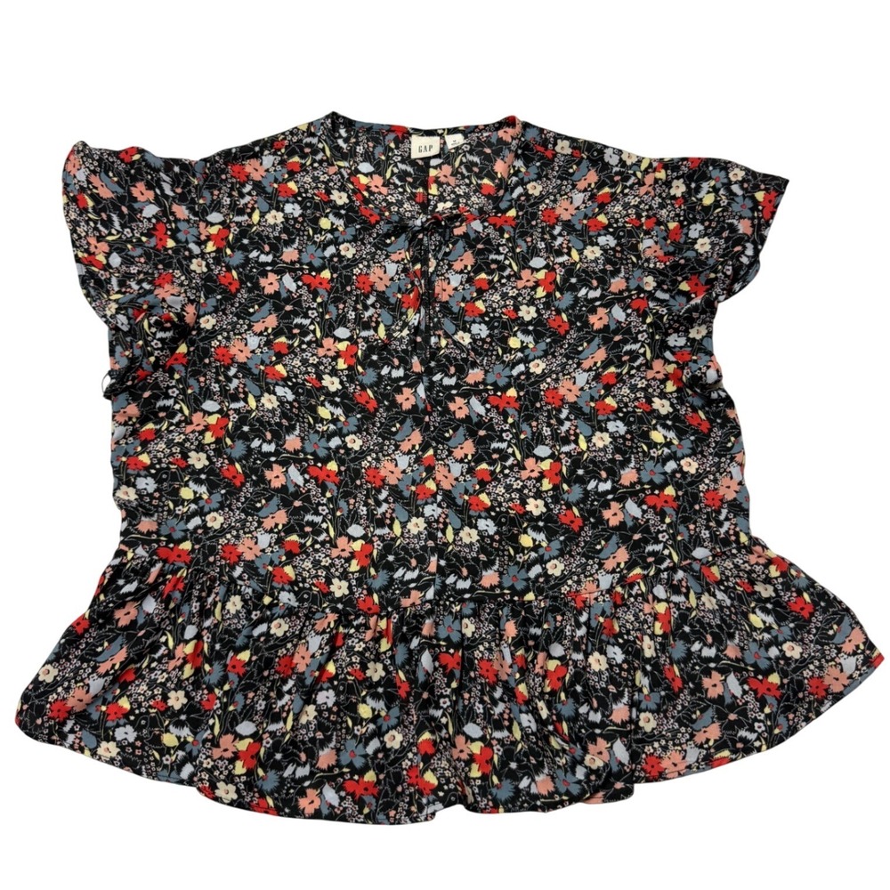 Gap Black Floral Peplum Top Tie Neck Flutter Sleeve Blouse Womens Size M Prairie